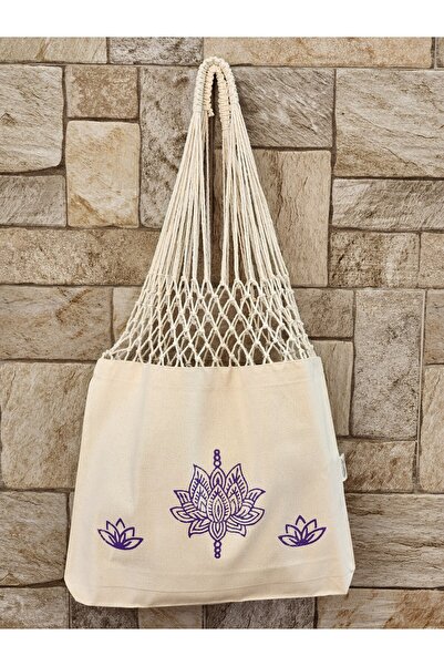 OBİDEV Tahta Baskı Lotus Desenli Uzun File Çanta