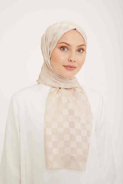 Armine Trend Jacquard Beige Checkerboard Pattern Diamond Shawl 2-23006