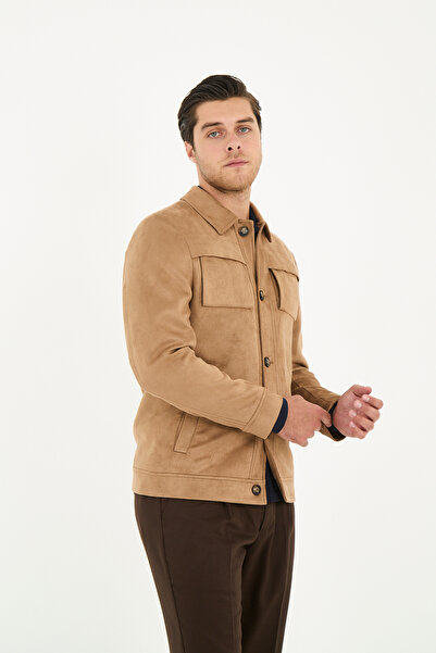 Frappoli Dügmeli Spor Erkek Slim Fit Süet Trençkot-Mont