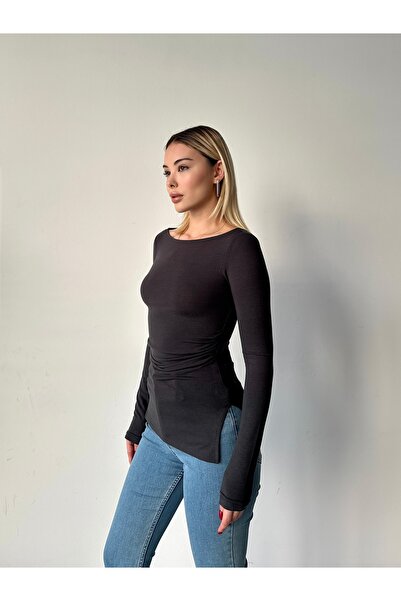 Somut istanbul تي شيرت نسائي بفتحة جانبية من مزيج الكشمير