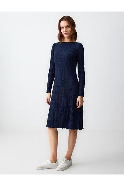 Jimmy Key Navy Blue Round Neck Long Sleeve Print Knitted Midi Dress