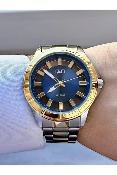 Q&Q Men's Metal Silver Gold Glass Cover Transparent Modern Dial Style Analog Watch