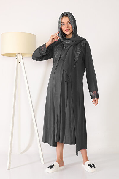 lohusahamile Tesettürlü Uzun Kol Füme Sabahlıklı Lohusa Gecelik