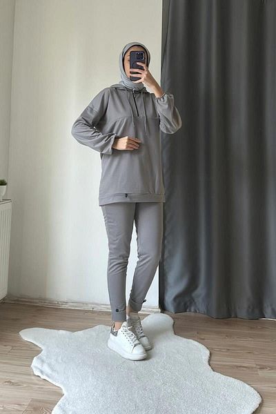 BurcuFashion Σετ φόρμας νέον με κουκούλα - με φερμουάρ, καφέ TRN2040-1