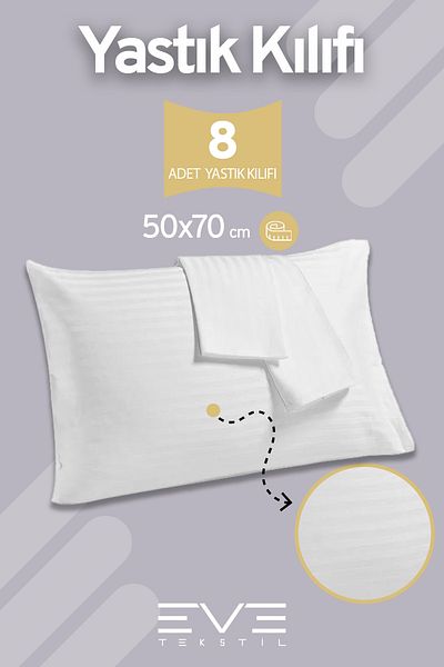 Eve Tekstil 8 Pcs Striped Cotton Satin Antibacterial Pillowcases - Zippered & Washable 50X70Cm