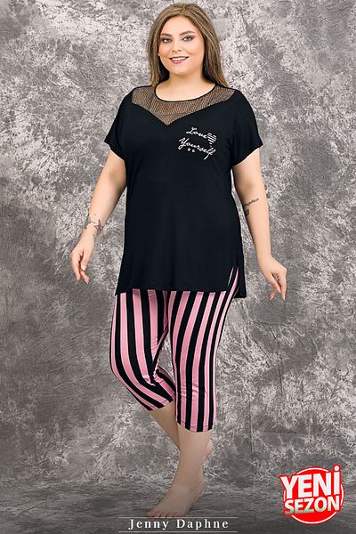 Jenny Daphne Plus Size Stripe Viscose Capri - Tulle Detail Lapel, Short Sleeve, Long Sleepwear Suit 10719