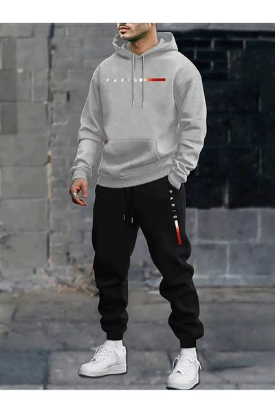 DAXİS Sportwear Company Set de trening cu glugă cu imprimeu Paris pentru bărbați - Set de trening de mărime mare, cu croiala relaxată