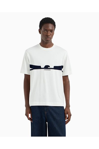 Emporio Armani Tricou alb cu mânecă scurtă din bumbac cu imprimeu vultur pentru bărbați EM001015 AF13669-U0003