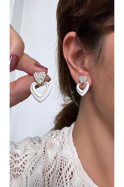 Pelin Aksesuar Heart Patterned White Stone Earrings