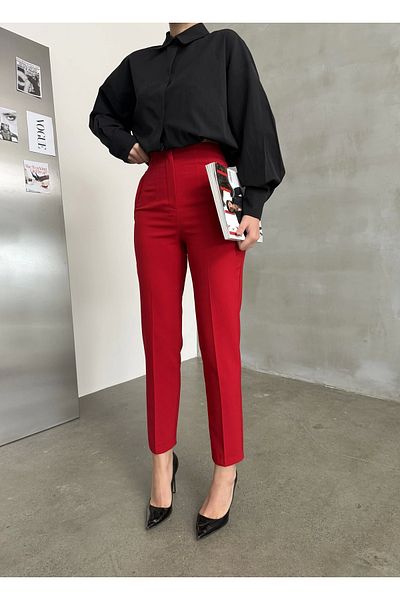 Asfa Moda Women's Red Pleated Waist Seated Recovery Button-Free Palazzo Pants