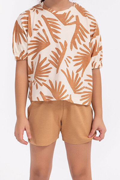 Arnetta Yaprak Desenli Kahverengi Kız Çocuk Şort Takım