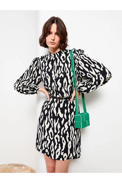 LC Waikiki Lcw Vision Black Stand Collar Print Long Sleeve Viscose Women Dress