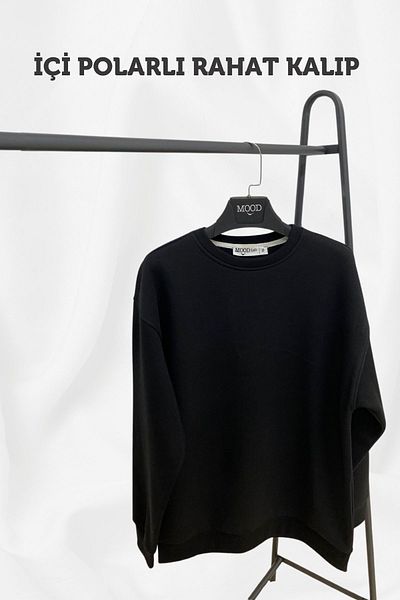 Mood Lab Men's Fleece Inside Warm Knitted Organic Cotton Regular Fit Black Sweatshirt