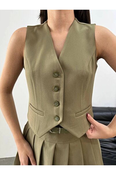 asfamoda Haki Düğmeli Kolsuz Yelek & Astarlı Mini Şort Etek Alt Üst Takım