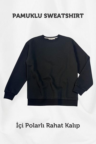 Mood Lab Men's Fleece Inside Warm Knitted Organic Cotton Regular Fit Black Sweatshirt