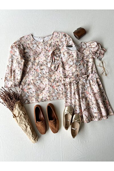 KÜÇÜĞÜM BUTİK Μπλούζα από Ποπλίνα με παστέλ σχέδιο και φόρεμα με φουσκωτό - μπαλόνι μανίκι