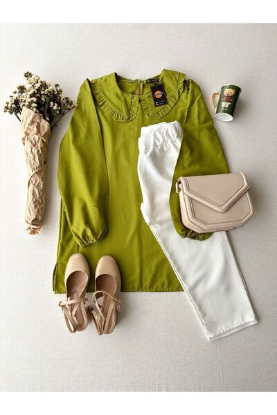 KÜÇÜĞÜM BUTİK Oil Green Baby Collar Long Poplin Tunic