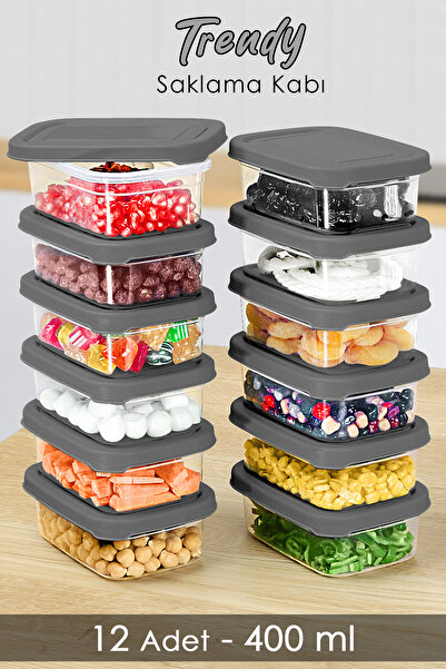 Meleni Home 12 Adet Dikdörtgen Erzak Saklama Kabı - Mikrodalgaya Uygun Düzenleyici Organizer 400ml Gri