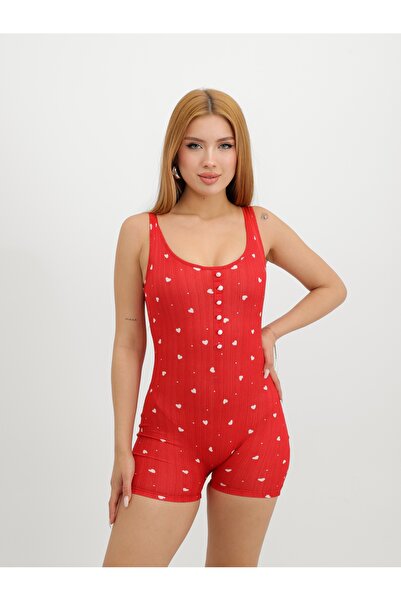TÜKATO Women's Heart Patterned Red Slim Fit Low-Cut Sling Short Jumpsuit