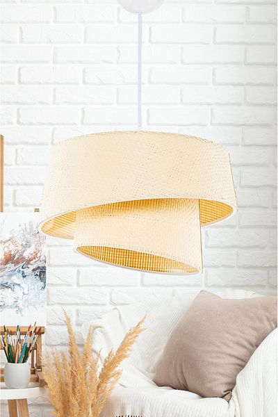 EvLight Eftelya Cream Hazeran Rattan 2 Layer Cake Pendant Lamp Chandelier