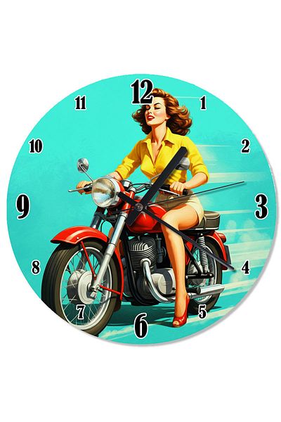 karizmart Motorcyclist Woman in Red Dress Special Design Wall Clock