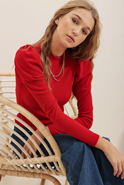 Trend Alaçatı Stili Női piros hercegnő ujjú fél garbó blúz ALC-X5042