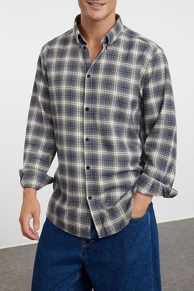 Edit by Trendyol Kariertes Indigo Lumberjack-Flanellhemd – Unisex, reguläre Passform TMNAW25GO00007