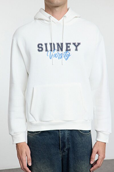 Trendyol Collection Світшот з капюшоном з принтом в стилі оверсайз екрю TMNAW25SW00078