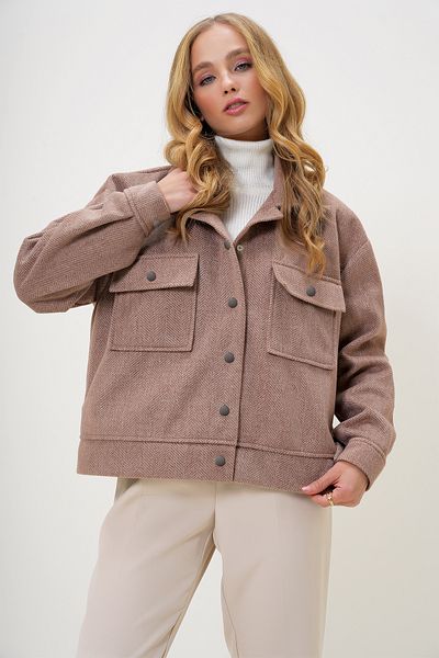 Trend Alaçatı Stili Women's Milk Coffee Lined Double Pocket Stamp Jacket Alc-X13269