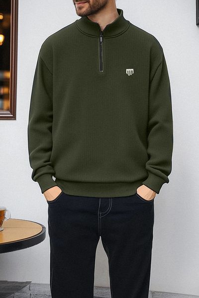 Edit by Trendyol Pánská mikina – khaki, límec na zip, pravidelný střih Tedaw25Sw00070