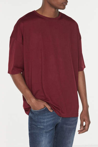 Edit by Trendyol Bordowa, oversize'owa koszulka z krótkim rękawem i okrągłym dekoltem - TMNSS21TS0811