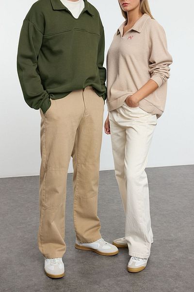 Edit by Trendyol Khaki Polo límec Oversize mikina - fleece uvnitř