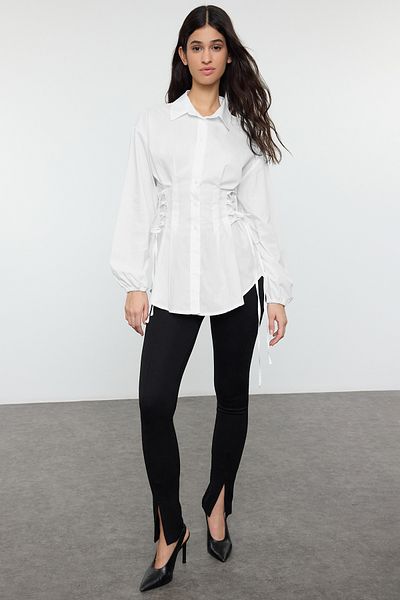 Trendyol Modest Detailní tkaná košile Ecru v pase TCTSS25TG00003