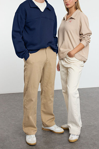 Edit by Trendyol Fleecová mikina s pololímečkem v námořnické modré oversize