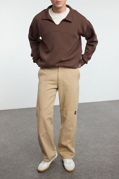 Edit by Trendyol Tmavohnedá oversize/široký strih mikina Polo golier Couple Fleece Inside Tmnaw25Sw00021