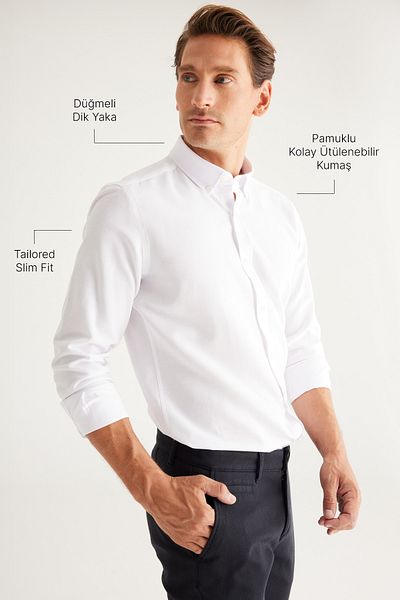 AC&Co / Altınyıldız Classics Weißes Oxford Slim Fit Hemd - bügelleicht, geknöpfter Kragen, Baumwolle