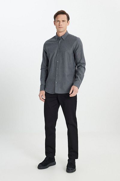 ALTINYILDIZ CLASSICS Men's Anthracite 100% Cotton Flannel Slim Fit Slim Fit Hidden Button Collar Shirt