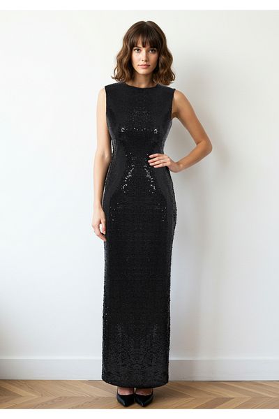 Trendyol Collection Czarna dzianinowa długa stylowa sukienka wieczorowa z cekinowym detalem z tyłu, Tprss25Ae00003