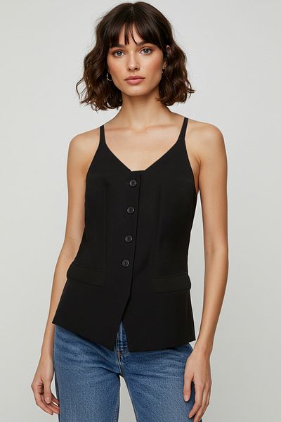 Trendyol Collection Black Fitted Suspender V-Neck Pocket Woven Vest Twoss25Ye00024