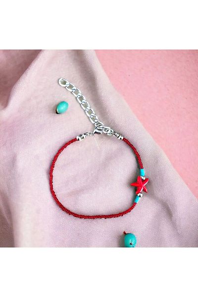 LeylanTakı Women's Red Silver Bulk Crystal Starfish Anklet