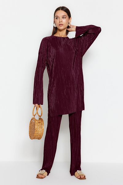 Trendyol Modest Burgundy Self Pleated Woven Bottom-Top Suit Tctss24Us00007
