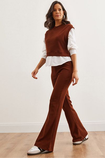 Olalook Women's Bitter Coffee Top Shirt Detail Blouse Bottom Spanish Leggings Suit Tkm- 19000334