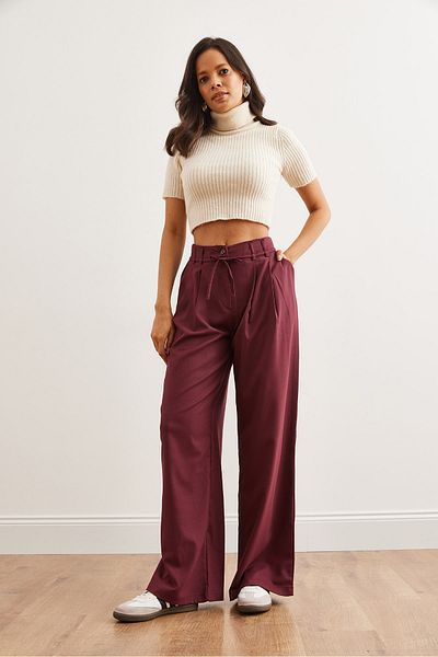 Olalook Burgunderrote Polyviscose-Hose für Damen – plissierte Details, Schnürung und Taschen, lockeres Bein PNT- 19000300