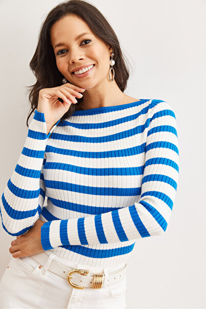 Olalook Saks Blau gestreifter Damen-Strickpullover mit U-Boot-Ausschnitt – sehr weiche Textur KZK- 19000942