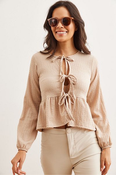 Olalook Camel Colored Women's Knitted Blouse - Bow Detail Blz- 19002817