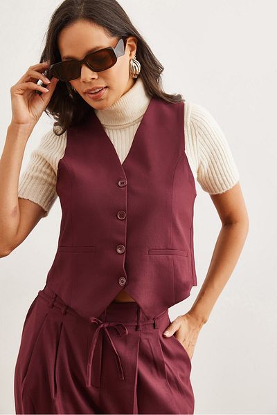 Olalook Vestă țesătă cu buzunar din flanel, căptușită în burgundă, YLK- 19000041