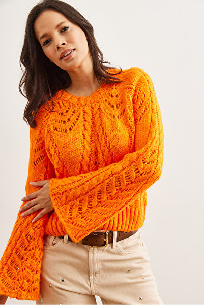Olalook Kadın Turuncu Ajurlu Yumuşak Dokulu İspanyol Kol Kazak KZK-19000938