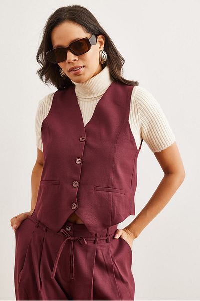 Olalook Vestă țesătă cu buzunar din flanel, căptușită în burgundă, YLK- 19000041