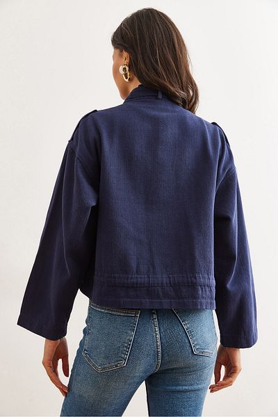 Olalook Women's Navy Soft Textured Gabardine Jacket with Pockets and Zipper, Lace-Up Ckt- 19000408
