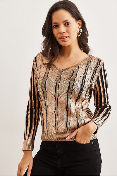 Olalook Women's Bronze Hair Braided V-Neck Metallic Knitwear Sweater Kzk- 19000757